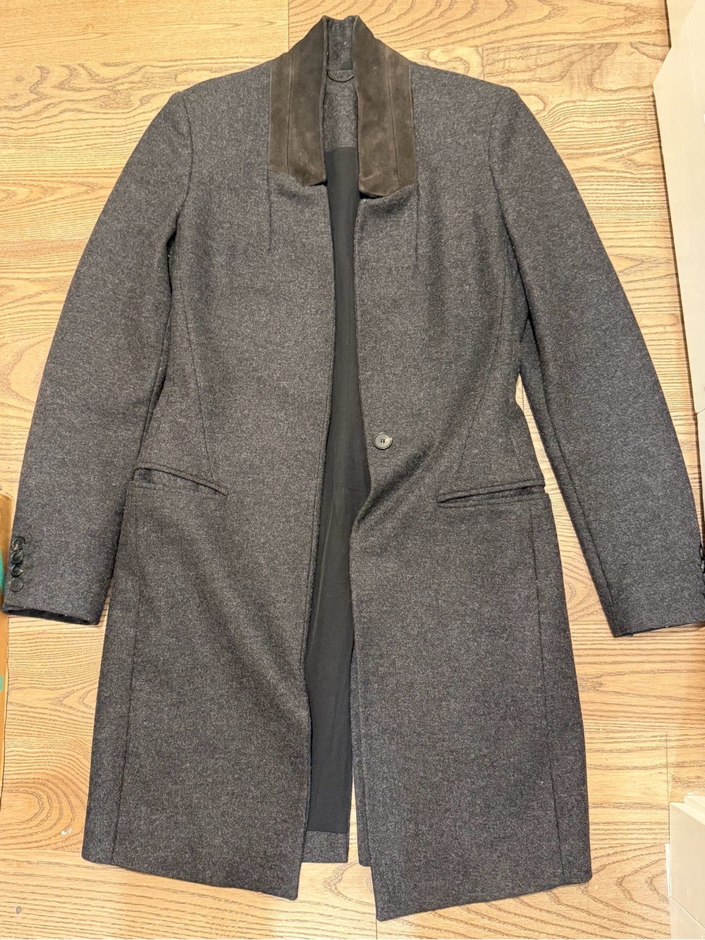 AllSaints Women’s Charcoal Gray Wool-Blend Pea Coat with Suede Trim